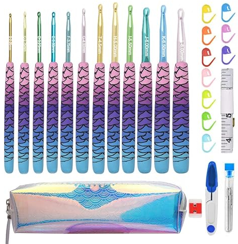 Viaky 36 Stück Häkelnadeln-Set, 12 Stück weiche Griffe, Stricknadeln, 2,25 mm - 8,0 mm, Aluminium, ergonomischer Griff, Meerjungfrauen-Muster, Häkelnadeln-Set für Anfänger, Strickliebhaber