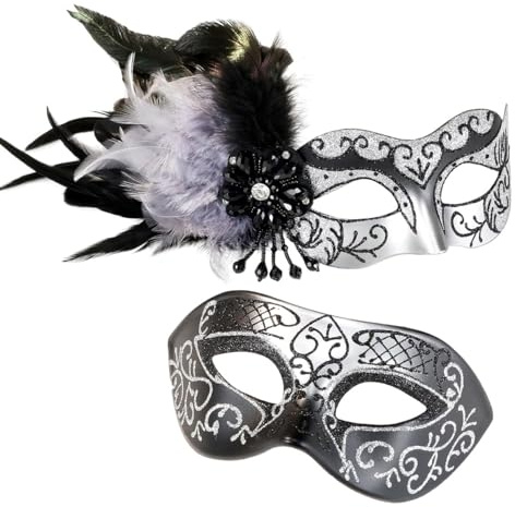 MYSEUNI 2023 Ny maskerad mask för par – maskeradmask kvinnor med fjädrar och venetiansk mask män för Mardi Gras party