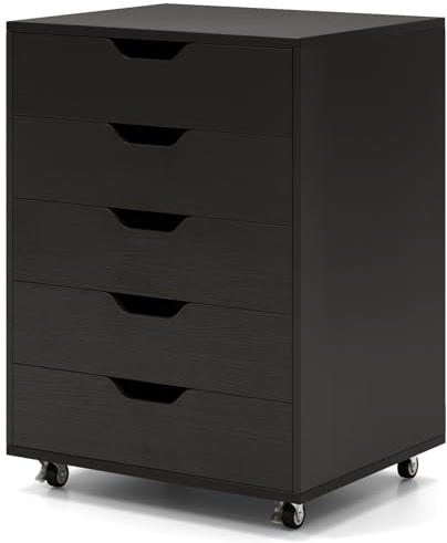 COSTWAY Mobile File Cabinet, 5/7 Drawers Lateral Stationery Storage Organiser Chest with Wheels, Home Office Printer Stand Side Filing Cupboard (Black, 5 Drawers)