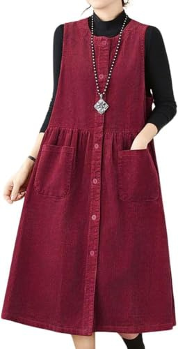 Lazutom - Robe d'ensemble en velours côtelé pour femme - Saison automne-hiver - Avec boutons - Avec poches, Rouge, 36
