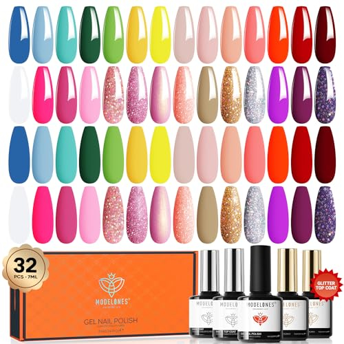 Modelones 32pc Gel Nail Polish Set, 28 Summer Neon Colors with Glossy & Matte Top Coat, No Wipe Base Coat, Nail Primer, Glitter Pink Shimmer, DIY Home Gift