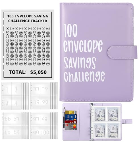 Budget Planner, Sparbuch für Geld Challenge Ordner mit 100 Umschlägen A5 Umschlag Spar Challenge Budgetplaner Umschlagmethode, Finanzplaner Geldsparmappe mit 25 Geldspar Trackern 5050€ zu Sparen