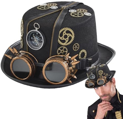 Veeteah Sombrero steampunk con gafas de seguridad | Gorros Steampunk Top Goggle Gear Sombrero para hombre y mujer | Sombrero cilíndrico de fieltro Steampunk Accesorios de vestir para adultos