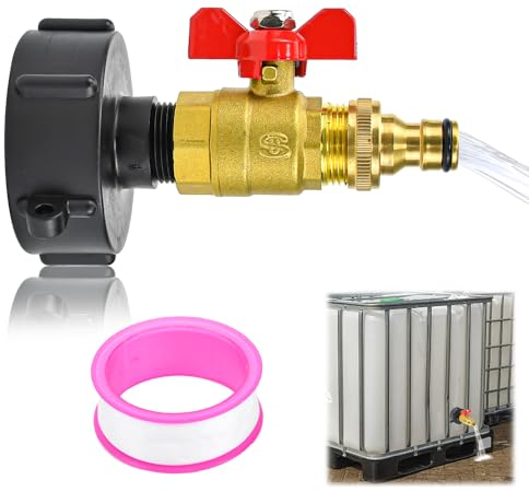 LPAMABA IBC Kugelhahn Mit Stecksystem 3/4 Zoll IBC Wasserhahn S60x6 IBC Kugelauslaufhahn Adapter IBC Tank Zubehör Messing-Schlauchanschluss Und Adapter Teflonband für Regentonnen Wasserhahn