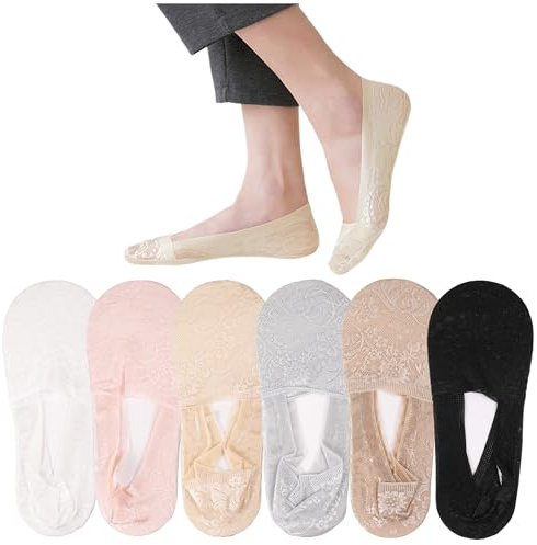 6 Pairs Women No Show Sock Cotton Non-slip Lace Ankle Socks Invisible Breathable Ultra Low Cut Liner Sock with Silicone Strips for Sneakers Loafers and High-heel Shoes, Black Grey Nude Pink White