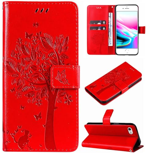 Hancda Custodia per iPhone SE 2022 / iPhone SE 2020 / iPhone 8 / iPhone 7 Cover Custodia Portafoglio in Pelle con Porta Carte Disegni Flip Case Magnetica a Libro Sottile Cuoio Antiurto Cover,Rosso