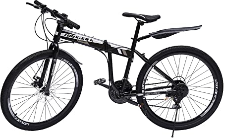 26 tum vikbar mountainbike, 21 växlar MTB-cykel stålram bak justerbar vikbar cykel med skivbromsar för pojkar, flickor män kvinnor (svart-röd)