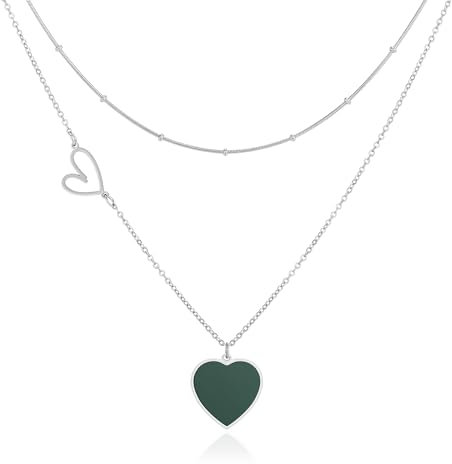 Linawe Herzkette Herz Kette Halskette Damen, Silberkette Edelstahlkette Edelstahl Schmuck Jewelry, Grün Layering Kette Set Silber Kette mit Anhänger, Trachtenschmuck Necklace