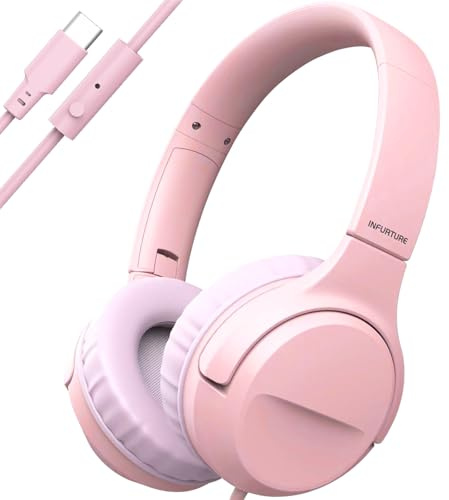 INFURTURE CH3 - Cuffie USB C per bambini, con cavo di tipo C, per ragazzi e ragazze, con limitatore di sicurezza 94 dB, suono stereo HD, cuffie on/over ear per tablet, scuola, viaggi (rosa)