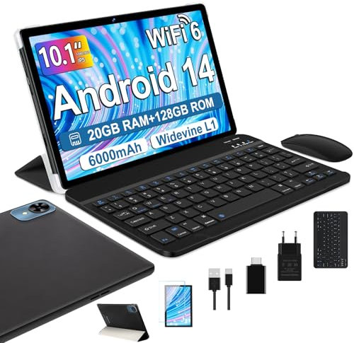 fezawio Tablet 10 Pulgadas Android 14, 20GB RAM + 128GB ROM (TF 1TB), Octa-Core, Tablet con Teclado y Raton -Verde