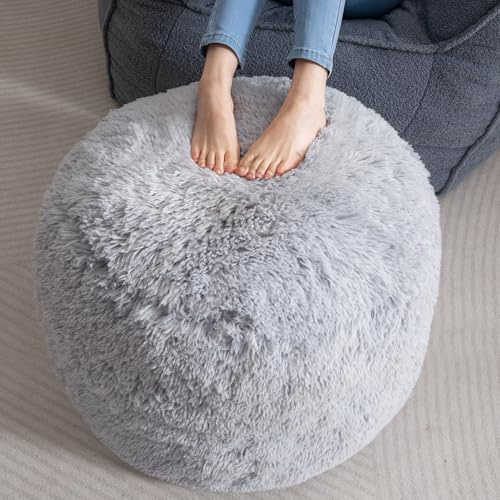 HIGOGOGO Faux Fur Beanbags Round Footstool Bean Bag Pouf with Foam Chunk Filling, 65 x 45 cm Floor Poufs Foot Rest for Living Room, Grey