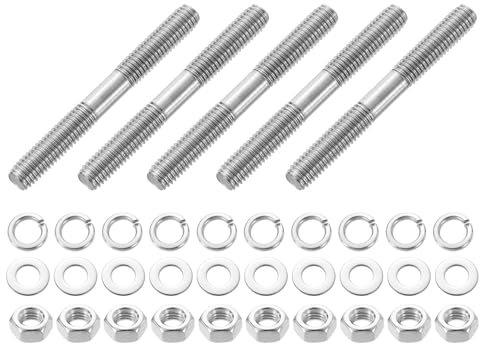 sourcing map 5pcs Double Ended Stud Screws, M8x70mm 304 Stainless Steel Dual Threaded Rod Bolts with Nuts and Flat & Lock Washers Double End Threaded Stud Screw Bolt for House Maintenance