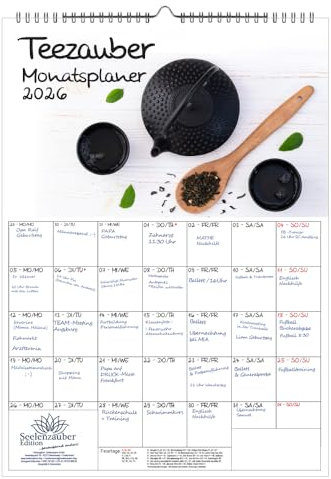 Teezauber Planificador DIN A3 calendario para té 2026 – Juego de regalo Contenido: 1 calendario, 1 colgante de Navidad (2 piezas en total)