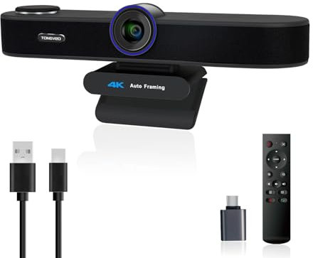 TONGVEO KI Automatisches Tracking 4K Webcam mit Mikrofonen und Lautsprecher, 5-facher Digitalzoom ePTZ Webkamera mit Fernbedienung und Zwei mikrofonen, Konferenz-Webcam für Zoom, Skype, OBS, YouTube