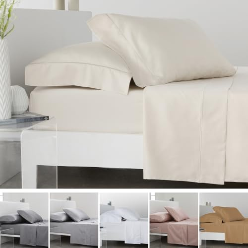 COTTON ARTean Juego de sábanas 150x190/200 Saten algodón Egipcio 300 Hilos LEUNA Beige 4 piezas: Encimera, 2 Fundas de Almohada, Bajera Ajustable