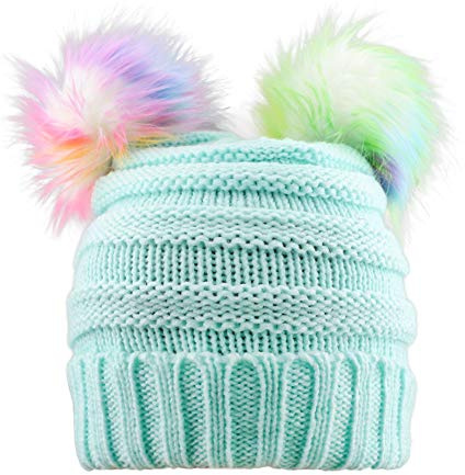 BUTITNOW Kids Girls Boys Multi-Color Ear Double Pom Pom Beanie Hat Winter Warm Rib Knitt Ski Hats (Age 7-15)