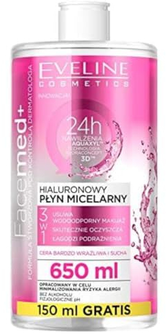 Eveline Cosmetics Facemed+ Hyaluron Micellarwasser 3-in-1 - Fortschrittliche Feuchtigkeitspflege & Make-up-Entfernung für empfindliche Haut, 650ml