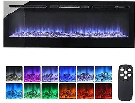 INMOZATA 152cm Electric Fire Wall Mounted Recessed Electric Fireplace With 12 LED Flame Colors, Adjustable Thermostat, Crystal&Logs Set, 900W/1800W, Remote&Touch Screen Control (152cm/60in, Black)