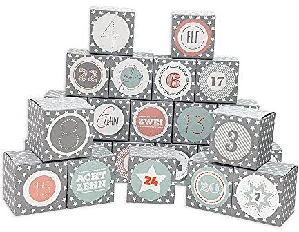 Frau WUNDERVoll® DIY Adventskalender Vorfreude zum Befüllen, 24 Faltschachteln grau weiße Sterne 7x7x7cm (gefaltet), XL Ziffern pastell/Weihnachten, Aufkleber, Würfelbox, Faltverpackung, Schachteln