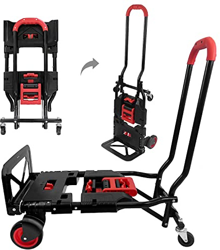 Folding Hand Truck, Portable Dolly Cart with Rubber Wheels and Retractable Handle, 2 in 1 Design 330lbs Capacity Hand Cart Foldable for Transportation/Luggage/Mobile/Travel/Office Use