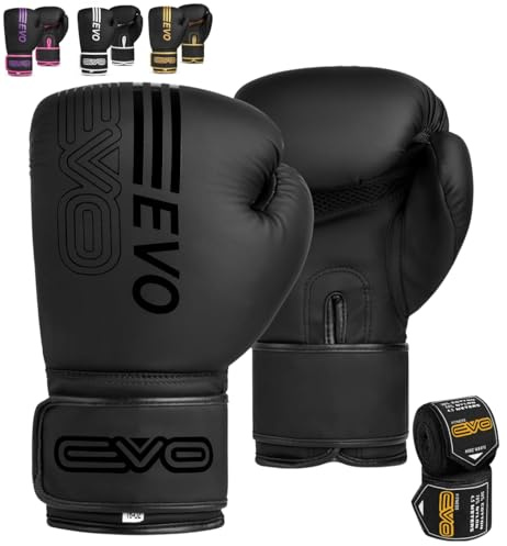 EVO Fitness Guanti da boxe neri opachi MMA Muay Thai arti marziali Kick Boxing Sparring allenamento combattimento uomo sacco da boxe donna guanti rosa con impacchi a mano (Nero, 16 OZ)