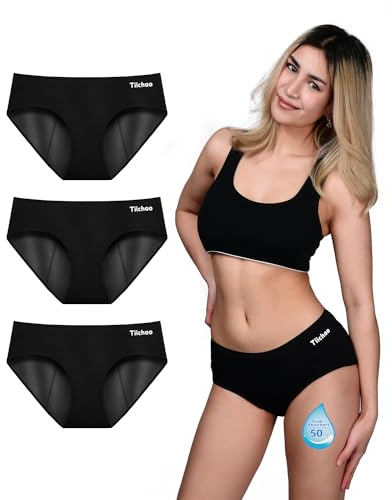 TIICHOO Period Underwear for Women Heavy Flow Soft Absorbent Menstrual Panties Incontinence Leakproof 3 Pack (X-Large, 3 Black)