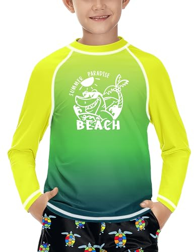 Jungen Fit UV Shirt Rundhals UPF 50+ Sonnenschutz Schnelltrocknend Rashguard Beach-Gelbgrün 130