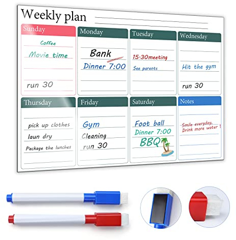 Skaaisont Magnetic Fridge Planner, Reusable A3 Weekly Planner Whiteboard with 2 Dry Erase Markers Reminder Notice Board for Adults and Children