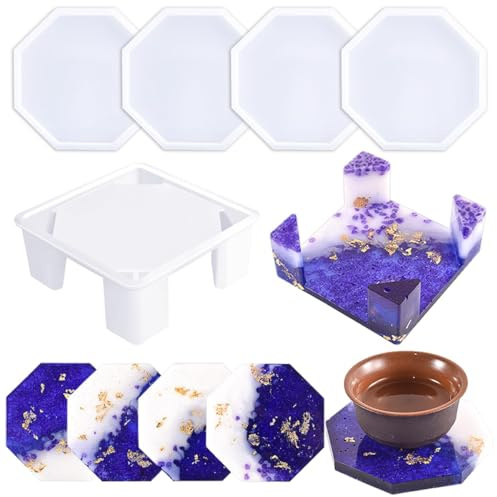 Paotxpum 5 PC Silicone Resin Coaster Molds Kit - Storage Box & Epoxy Resin Molds (Round, Square) for DIY Art & Craft Cup Mats