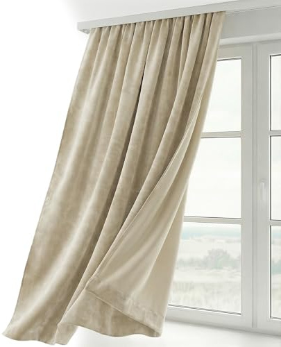 BEAUTEX Samt Vorhang Kräuselband U-Band Gardine Velvet abdunkelnd und Blickdicht, 300x245 cm (Breite 300 cm, Höhe 245 cm, Beige)