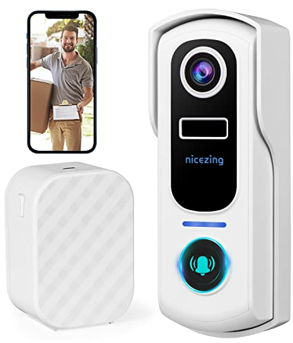 nicezing Sonnette sans Fil avec Camera, 2K FHD Sonnette sans Fil Exterieur Etanche, Détection Humaine PIR, Vision Nocturne Couleur, Message Vocal, Appel Vidéo, IP67 Étanche, Support Cloud/SD Et Alexa