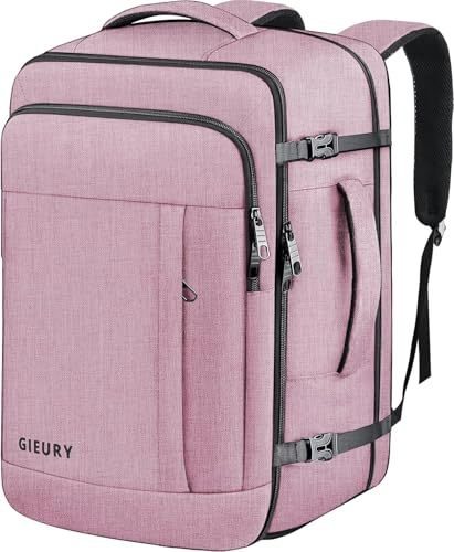 Handbagage-ryggsäck, 40–50 l reseryggsäck för män och kvinnor, expanderbar ryggsäck för flygplan, 17 tums bärbar ryggsäck, bagage resväska 40 L, dagväska, lätt affärer weekendväska, ljusrosa