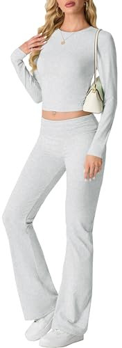 IWOLLENCE Hausanzug Damen Jogginganzug Set Lounge Set 2 Teiler Sportanzug Damen Y2K Outfit Homewear mit Crop Top und Schlaghosen (Hell Grau, M)