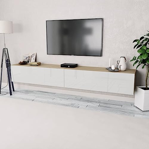 IKAYAA TV Lowboard Hängend 240 cm Hängeschrank Hochglanz, TV Board hängend, TV Lowboard, Hängeschrank, Hängeboard Wohnwand Wohnzimmer Weiß + Eiche