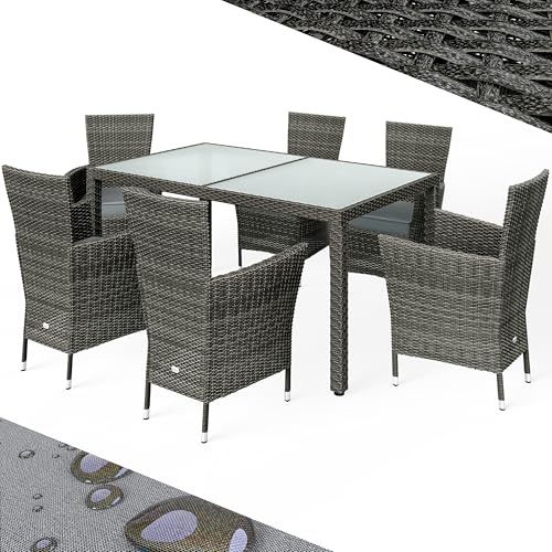 Casaria® Gartenmöbel Set 6 Personen Stühle inkl. 7cm Polster Tisch 150x90cm Balkonmöbel 160kg Belastbar Wetterfest Polyrattan Stapelbar Terrasse Möbel Grau