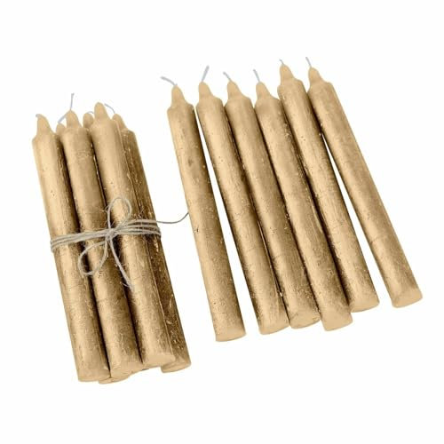 Loberon Kerze 12er Set Bauceau – Rustikales Finish, durchgefärbt & geruchsneutral, Gold, Von Hand veredelt – Paraffinwachs, Gold