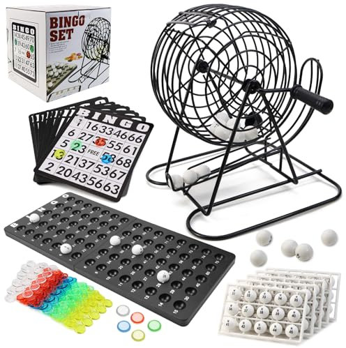 UVVRUR Bingo Spiel Set, Metalltrommel, 18 Tickets, 75 Kugeln, 150 Chips, Spielbrett, 500 Karten, schwarz (A)