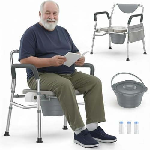 HygiVital 4 in 1 Heavy Duty Bedside Commode, Height Adjustable Adult Potty Chair, Shower Chair for Elderly, Disabled, Extra-Wide Seat, 350lbs Weight Capacity