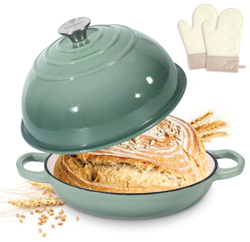 Homtone 5.5QT/26cm Enamelled Cast Iron Dutch Oven for Sourdough Bread, Dutch Oven Pot with Domed Lid, Cast Iron Bread Pot (Dusty Green, with Oven Mitts)
