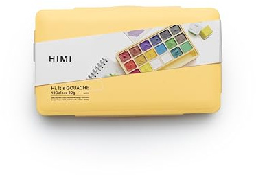 HIMI Jelly Cup Gouache Set 18 Paint Colours, Yellow Case, Add Water to Reactivate, Smooth, Rich Colours, Gift, Artist Art Supplies, Large Scale Art Work to Fine Details, Ready to Use Gouache Colors