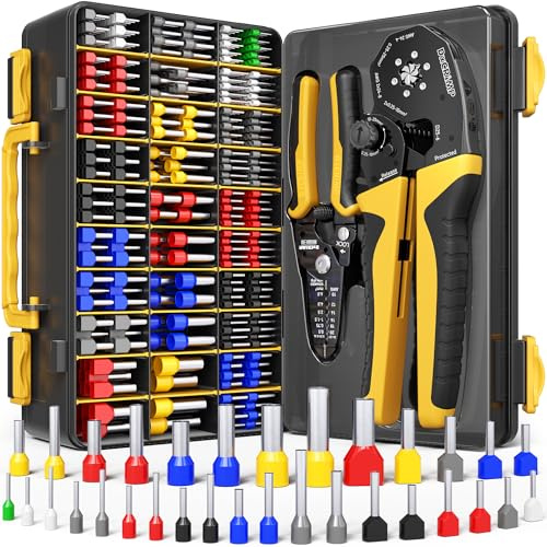 DxCRIMP Kit Pinza Crimpatrice per Puntalini con Pinza Spelafili - Crimpaggio Esagonale 0,25-25 mm² (AWG 24-4) - Con 32 Tipi di Puntalini - Kit Elettricista per Elettricisti, Quadri Elettrici e PLC