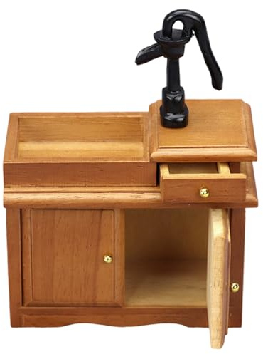 Alksubbm Wood Miniature Sink Model Figure for 1/12 Doll House Setting with Faucet and Functional Storage Compartment Scene Props Doll House Miniature Sink