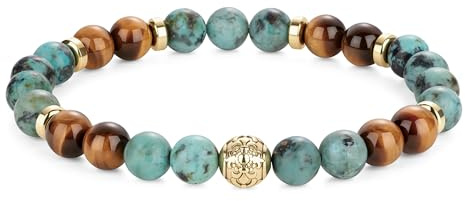 COAI Bracciale Uomo Occhio di Tigre e Turchese Africano 8mm, Bracciale Perline Pietre Naturali da Uomo Elastico con Perla Fleur de Lis in Acciaio Inox Dorato, Regalo per Lui