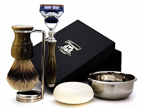 Haryali London Horn Replica Men's Shaving Set Including 5 Edge Razor, Silver Tip Badger Brush, Shaving Stand, Shaving Bowl and Shaving Soap