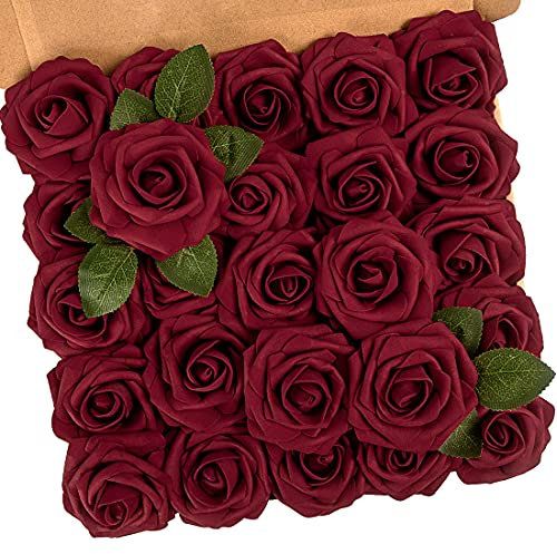 N&T NIETING Artificial Flowers Roses, 25Pcs Foam Roses Real Touch Red Rose with Stems Fake Flowers for Wedding Bridal Bouquets Centerpieces Floral Arrangement Party Home Decoration, Dark Red
