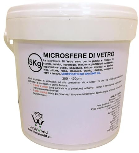 Microsfere di Vetro Abrasivo 5Kg, 300-400 Micron - Sabbia per sabbiatrice, Durezza Mohs 6-7, Riutilizzabile 6-7 Volte, per Sabbiatura, Sverniciatura e Finitura - LordsWorld