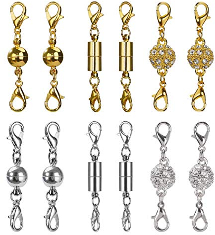 Magnetic Jewelry Clasps Magnetic Lobster Clasps for Necklace Bracelet Jewelry Making Rhinestone Ball Style, Cylindrical and Ball Tone (Gold and Silver) 12 Pieces