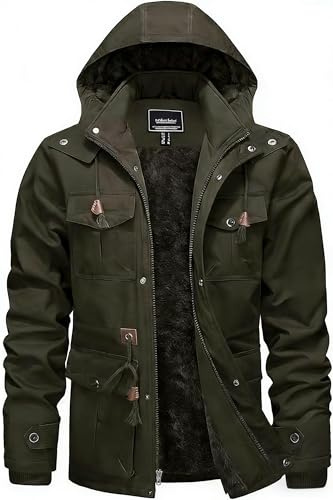 KEFITEVD - Chaqueta cargo polar para hombre, acolchada y militar con cremallera para invierno, verde militar, S