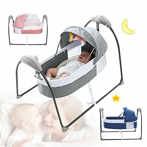 Babyschaukel, Tragbare Babywippe mit Fernbedienung Elektrisch Baby Wippe Schaukel 5 Schaukelgeschwindigkeiten Auto Swing Babybett (Grau)
