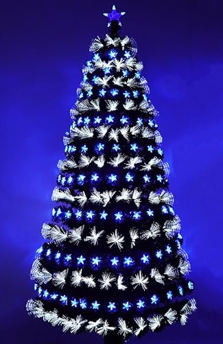 Asinse 7ft Fiber Optic Artificial Christmas Tree, 290 Blue&White LED Lights, Pre-Lit Xmas Tree with 170 Transparent Stars, Metal Stand (7FT/210CM, Type 3)